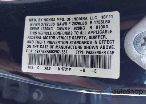 2012 Honda Civic Ex из США, поврежденный, VIN 19XFB2F88CE021557